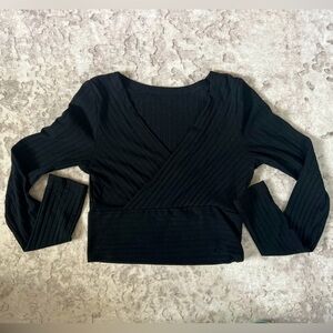 SHEIN Black Ribbed Long Sleeve Wrap Blouse